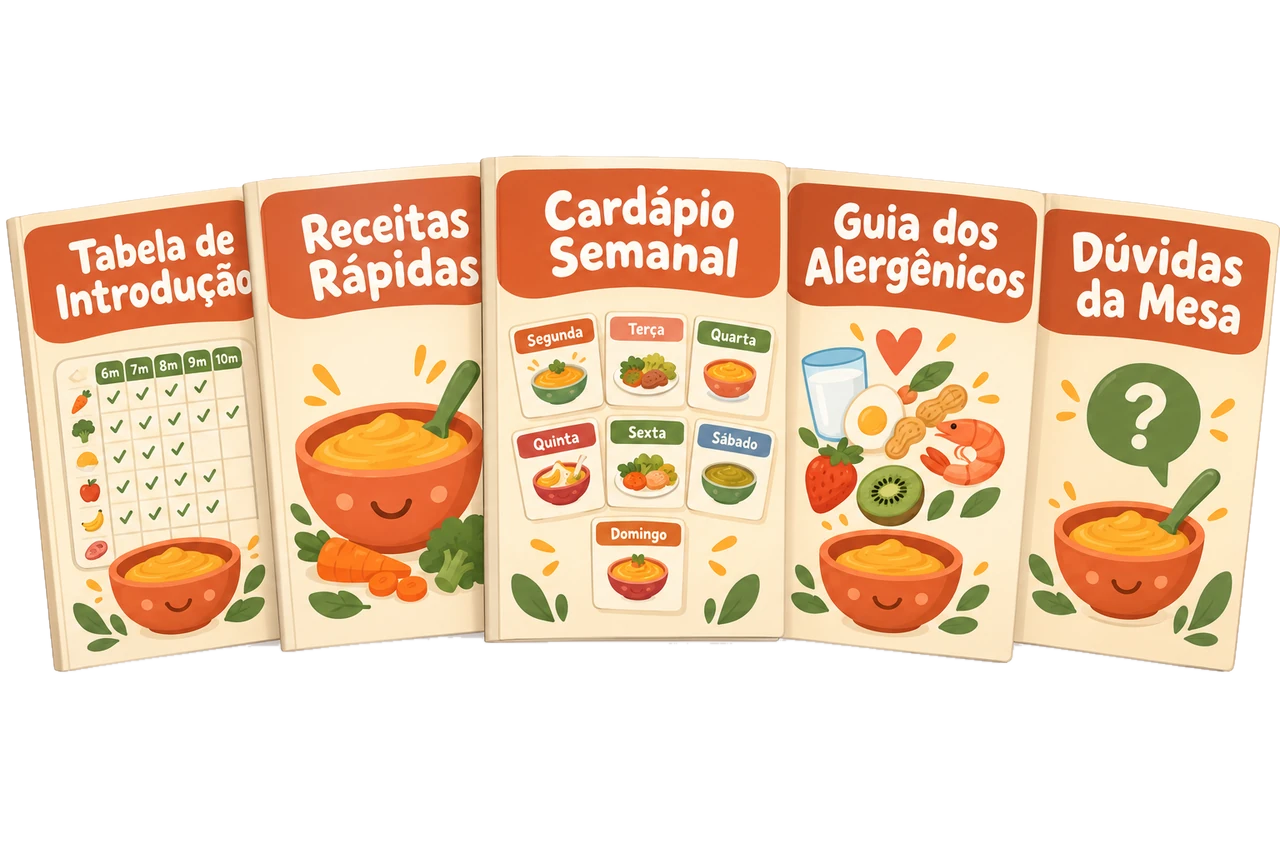 Os 5 bônus: tabela de introdução, receitas rápidas, cardápio semanal, guia dos alergênicos e dúvidas da mesa