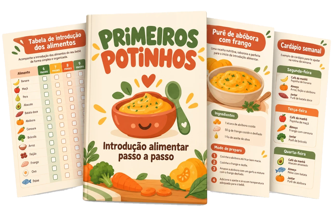 Mockup do guia Primeiros Potinhos com a capa e páginas internas